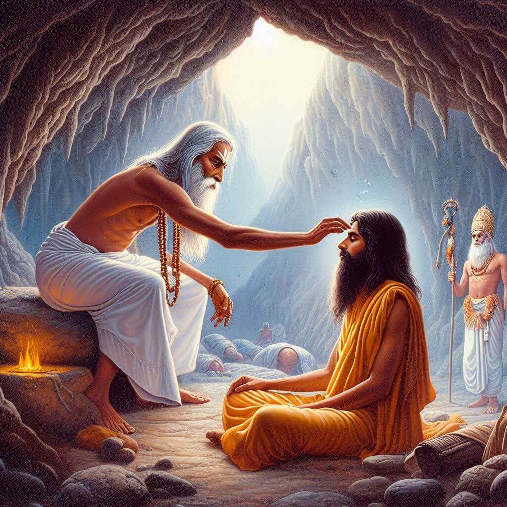 Babji weiht Lahiri Mahasaya in der Höhle bei Raniket ein.